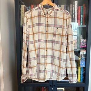 Toad&Co Cream and Brown Plaid Light Flannel Long Sleeve Button-Down Shirt